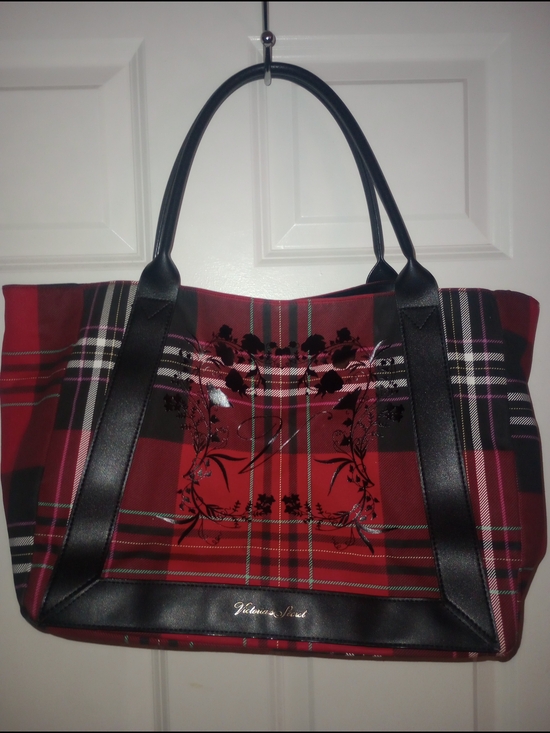 Victoria's Secret Handbags - Victoria's Secret Red Plaid Tote with Black Trim and Floral Accent